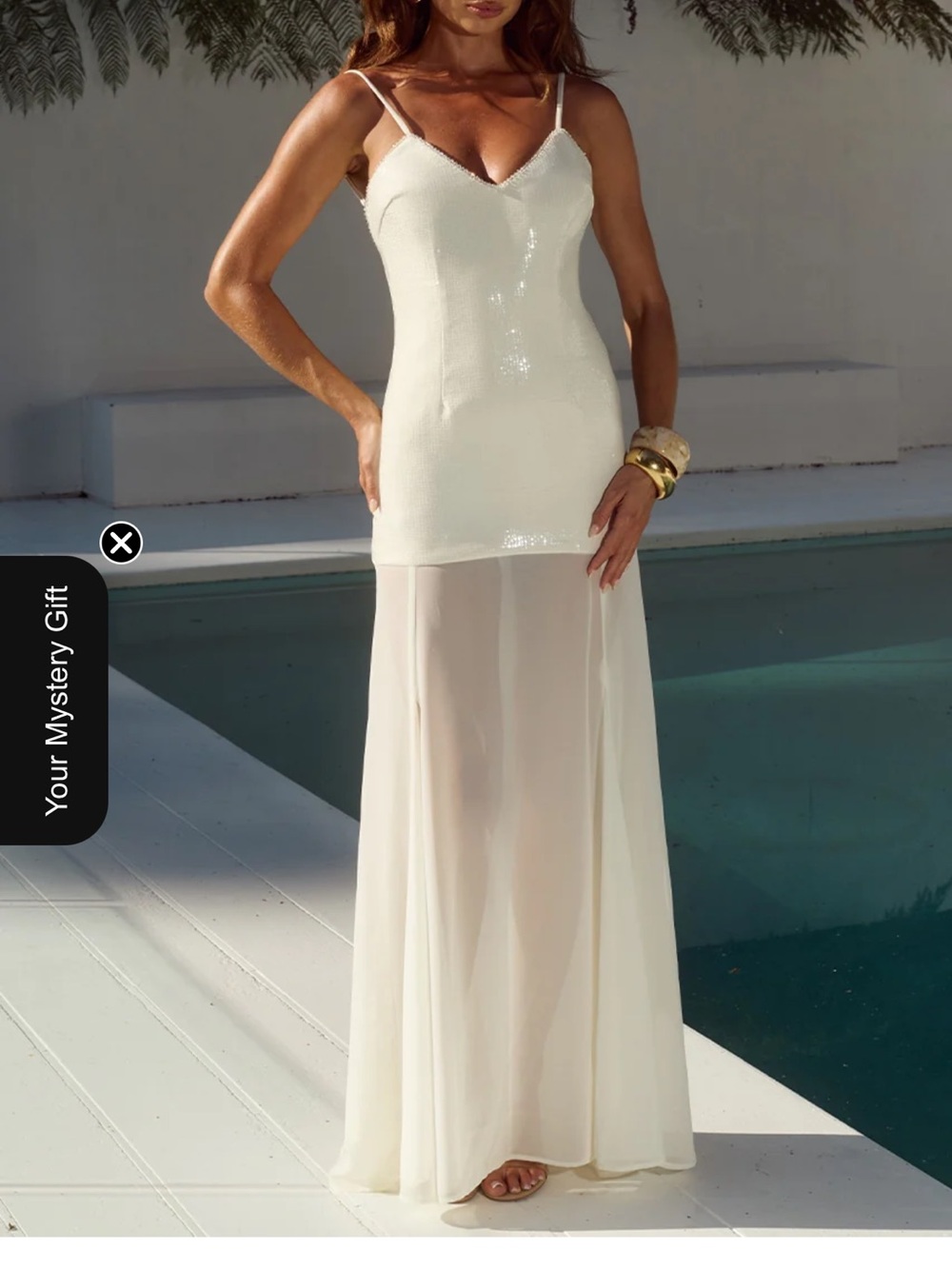 White Sequin Bodice Maxi Dress with Sheer Skirt